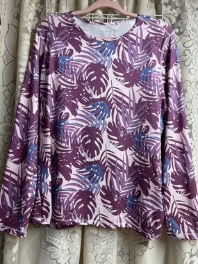 32 Degrees Purple and Blue Tropical-Leaf Long Sleeve Tee UPF 50+